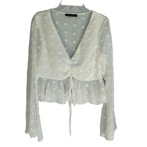 Double Crazy Sheer White Crop Top with Puffy Polka Dots and Bell Sleeves Size S
